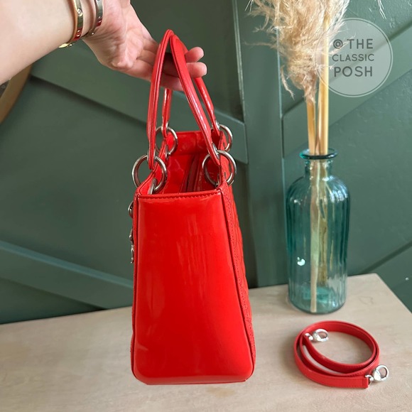 ❌SOLD❌EUC Christian Dior Lady Medium Patent Red Orange Silver HW - Picture 5 of 16
